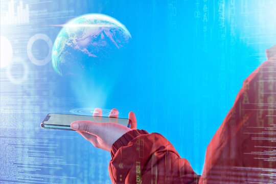 Hand, phone or person with global network overlay for 3d holographic data online or innovation. Globe closeup, mobile app touchscreen ui or hologram ux with hacker searching on iot digital website - Powered by Adobe
