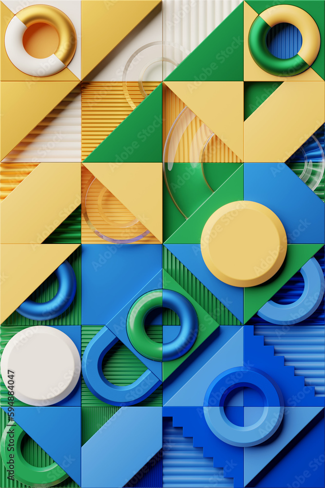 Poster 3d rendering of colorful realistic composition primitives. abstract theme for trendy designs. sphere