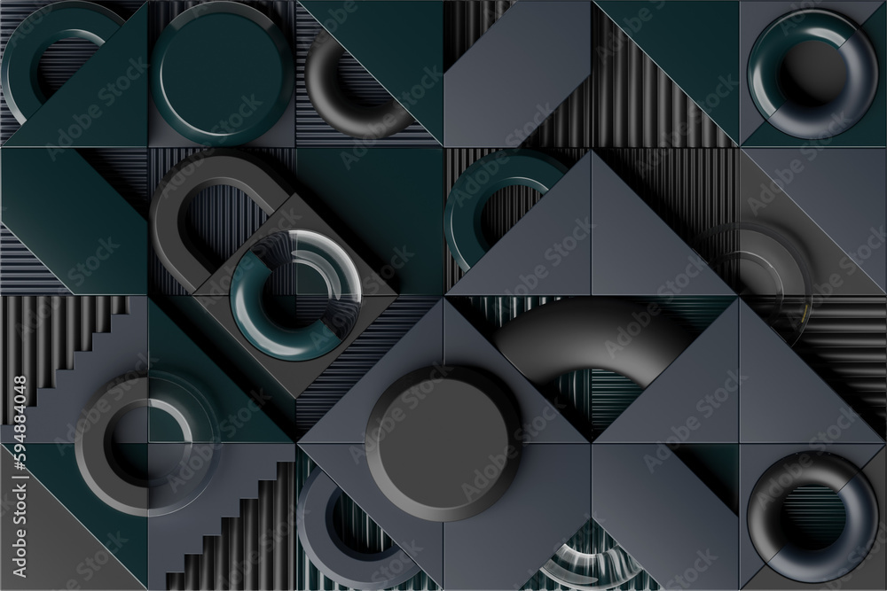 Poster 3d rendering of realistic composition primitives. abstract theme for trendy designs. spheres, torus,