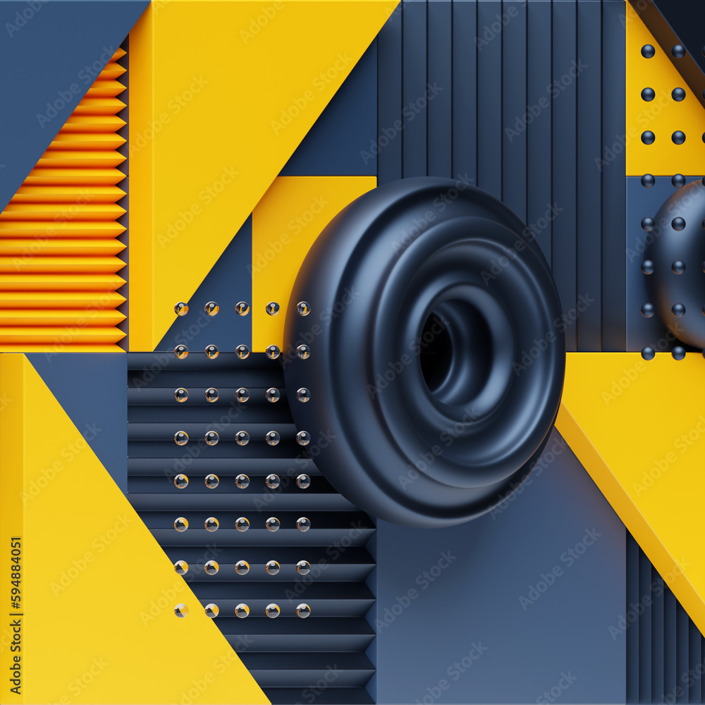 Poster 3d rendering of realistic composition primitives. abstract theme for trendy designs. torus, squares,