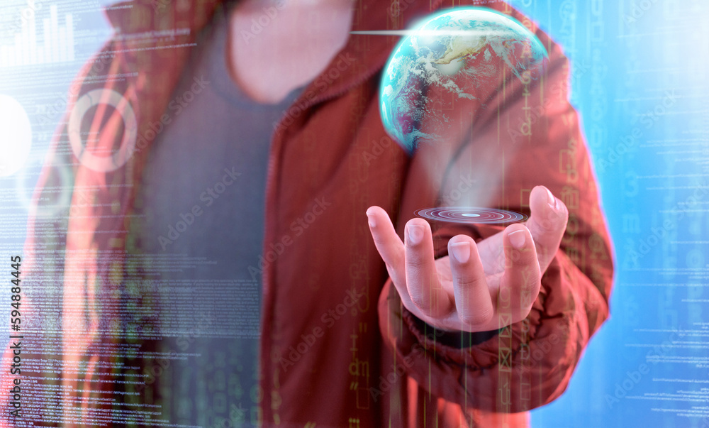 Poster Earth hologram, global network or hand of person with data analysis or worldwide communication networking. Cloud computing hacker, holographic planet ui or cyber user with globe digital analytics