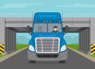 Zelfklevend Fotobehang Front close-up view of blue truck driving under overpass. Semi-trailer goes through the tunnel under the bridge. Flat vector illustration template. © flatvectors