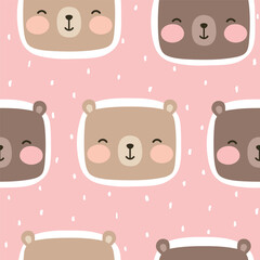Teddy Bear Seamless Pattern Background, Happy cute bear, Cartoon Panda Bears Vector illustration for kids forest background with dots