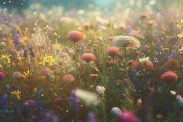 Obraz na płótnie Canvas Beautiful dreamy flowers in a meadow with bokeh, generative ai