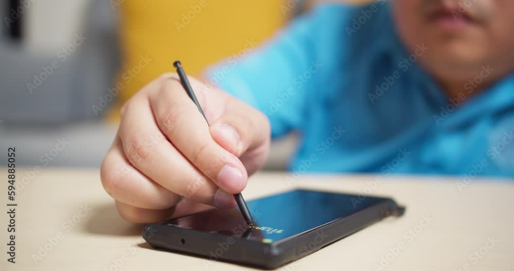 Poster men use stylus pen technology on a smartphone to write and work with digital applications.