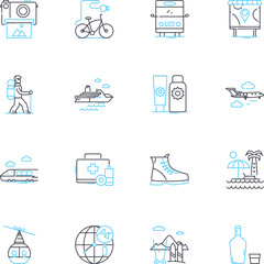 Tourism linear icons set. Adventure, Scenic, Relaxation, Culture, Heritage, Hospitality, Wanderlust line vector and concept signs. Attractions,Foodie,Exploration outline illustrations