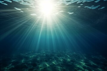 Naklejka na ściany i meble Sun beams go through deep blue ocean waters, light rays underwater background, empty clean sea waters illustration. Generative AI