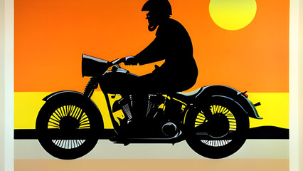 Biker driving a motorcycle rides along the asphalt road silhouette illustration. Freedom activity. Road travel by bike. Man on motorcycle silhouette. Freedom independence - Ai Generative