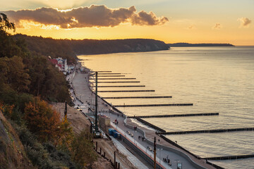 View on beach of Baltic sea in Svetlogorsk at sunset. Kaliningrad region. Russia