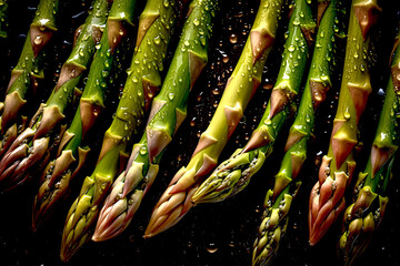 Fresh Asparagus with drops of water on the dark background. Pattern of green vegetables. Generated Ai