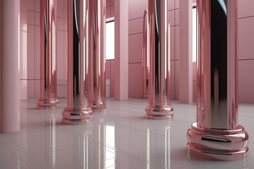 Baby Pink Steel Pillar Reflected Floor Low Mountain 3d Image 4. Generative AI