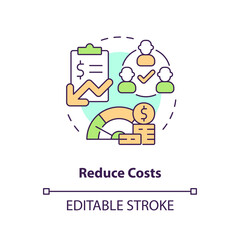 Reduce costs concept icon. Less expenditures. Accounting software benefit abstract idea thin line illustration. Isolated outline drawing. Editable stroke. Arial, Myriad Pro-Bold fonts used