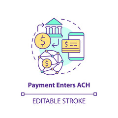 Payment enters ACH concept icon. Transaction. Automated clearing house. How ACH work abstract idea thin line illustration. Isolated outline drawing. Editable stroke. Arial, Myriad Pro-Bold fonts used © IMG visuals icons