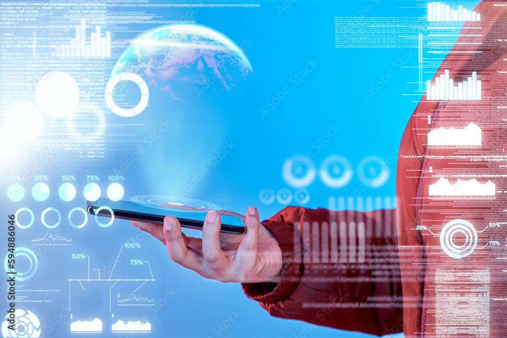 Leinwandbilder Hand, mobile app or person with global network overlay for 3d holographic data online or innovation. Globe closeup, phone touchscreen ui or hologram ux with hacker searching on iot digital website