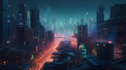 A futuristic and bustling cityscape towering, Generative AI