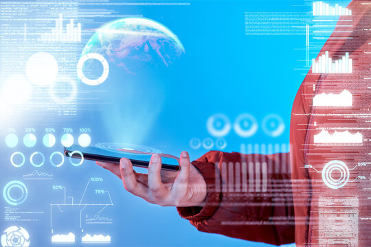 Hand, mobile app or person with global network overlay for 3d holographic data online or innovation. Globe closeup, phone touchscreen ui or hologram ux with hacker searching on iot digital website - Powered by Adobe
