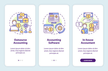 Business accounting management onboarding mobile app screen. Walkthrough 3 steps editable graphic instructions with linear concepts. UI, UX, GUI template. Myriad Pro-Bold, Regular fonts used