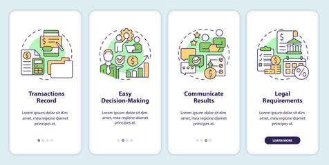 Accounting importance onboarding mobile app screen. Walkthrough 4 steps editable graphic instructions with linear concepts. UI, UX, GUI template. Myriad Pro-Bold, Regular fonts used