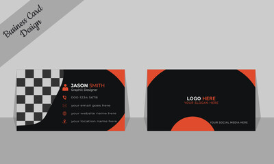 Creative business card design. Modern business card  template orange and black colors. Double-sided originative business card template. Portrait and landscape orientation. Simple clean vector diagram.