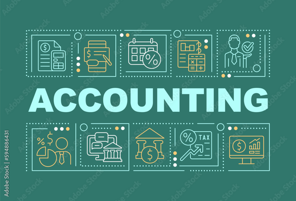 Poster accounting word concepts dark green banner. financial managment. infographics with editable icons on