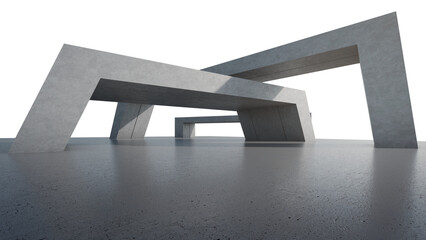 Abstract architecture design of modern building. Empty parking area floor and concrete wall with blue sky view. 3D rendering background image for car scene.