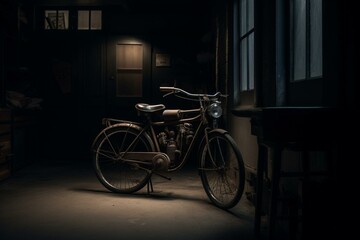 Fototapeta na wymiar Vintage bike in dark garage. Generative AI
