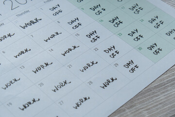 4 day work week printed calendar with weekend days four day working week concept. Modern approach doing business short workweek. Effectiveness of employees. Productivity and efficiency days off 