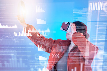 Data, woman or virtual reality glasses with overlay for digital transformation, charts or graphs online. Girl with vr headset in holographic cyber 3d technology for innovation, light or future news