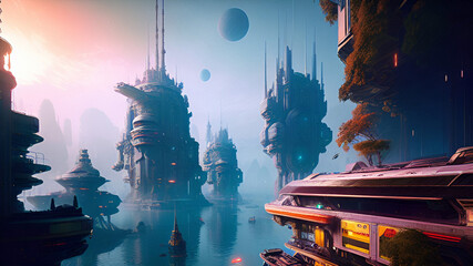 Futuristic city and space base on water planet, science fiction scenery, generative ai illustration, these depiction is fictitious and generated