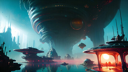 Futuristic city and space base on water planet, science fiction scenery, generative ai illustration, these depiction is fictitious and generated