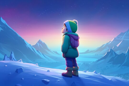 small boy with hat and backpack in the middle of big snow covered mountains created with Generative AI technology