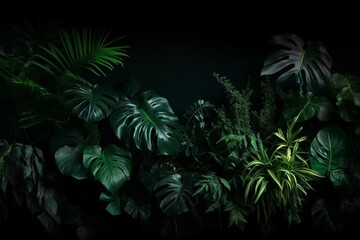 Naklejka na ściany i meble Background from green tropical leafs.Different foliage plants on dark bcakdrop.Good as advert banner with copy space. Generative AI