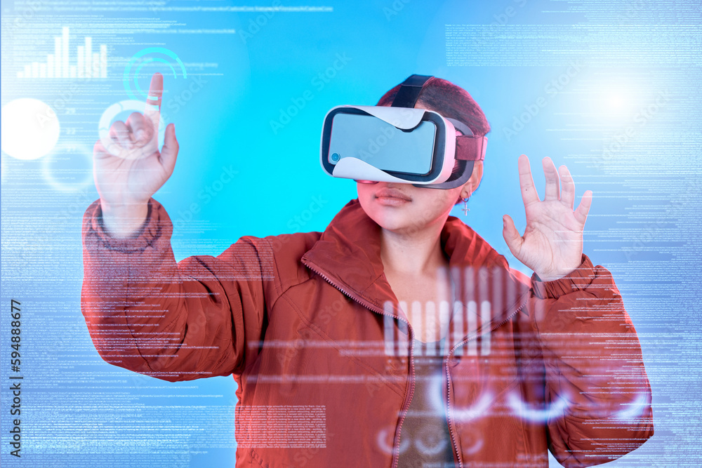 Poster 3d, woman or virtual reality glasses with overlay for digital transformation, charts info or graphs 