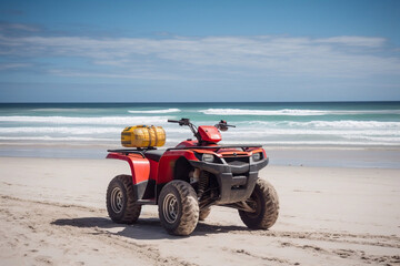 A Red ATV, All Terrain Vehicle on the Beach, Generative AI
