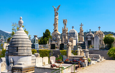 Historic Cimetiere do Chateau Christian Cemetery in historic old town district of Nice at French...