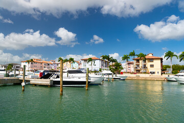 Obraz premium view on yacht boat in harbor. yacht boat in harbor on vacation. boat yacht in harbor.