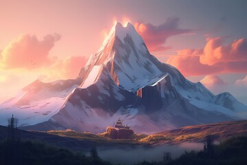 A Mountain With A House In The Middle Of It And A Sky Background Himalayan Peak Animation Mountains Generative AI