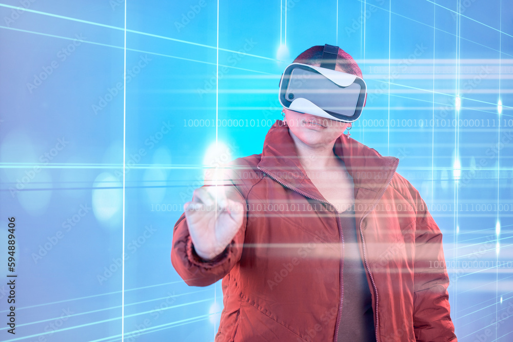 Aufkleber light, woman or virtual reality glasses with holographic for digital transformation, 3d touch or med