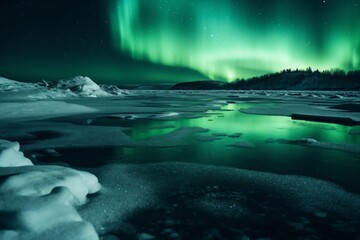 Fototapeta na wymiar beautiful big lake covered with ice, polar lights shining in the sky created with Generative AI technology