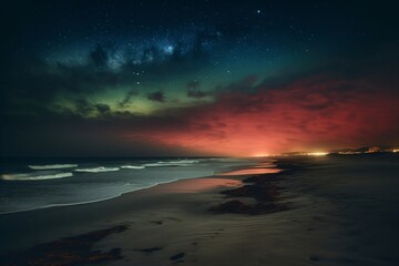 the sky shines in beautiful colors over a sandy beach created with Generative AI technology