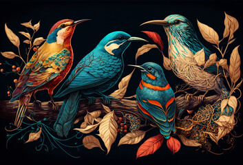 Bright tropical birds sitting on the branches of trees isolated on black background . Generative AI	