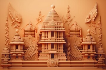 A Large Carved Statue Of A Temple With A Clock On It Temple Wood Carving Architectural Design Generative AI