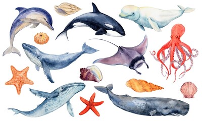Watercolor set of inhabitants of the seas and oceans. © Tata Pilip