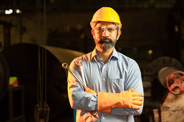 Young indian man engineer wearing safety yellow helmet and gloves standing cross arms in industrial factory, Skill india concept.