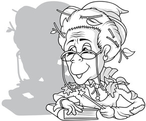 Drawing of a Forest Witch Reads a Book of Spells
