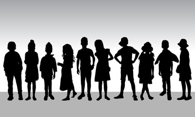 Cheerful crowd of children silhouettes, Happy boys and girls in full growth concept vector illustration