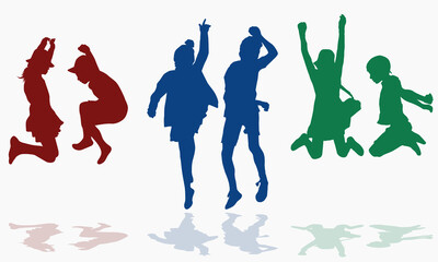 Happy dancing young children, boys and girls silhouettes together vector concept illustration