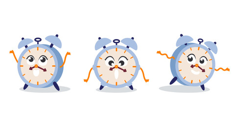 Alarm clock in different poses. Fictional character in cartoon style.