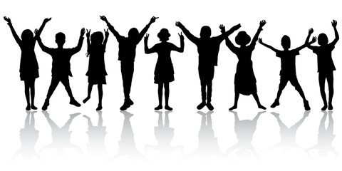 Happy dancing young children, boys and girls silhouettes together vector concept illustration
