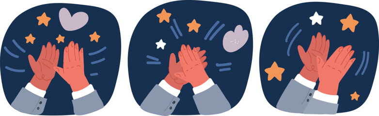 Cartoon vector illustration of Human hands clapping. People crowd applaud to congratulate success job. Hand thumbs up. Business team cheering and ovation support celebration, appreciation friendship
